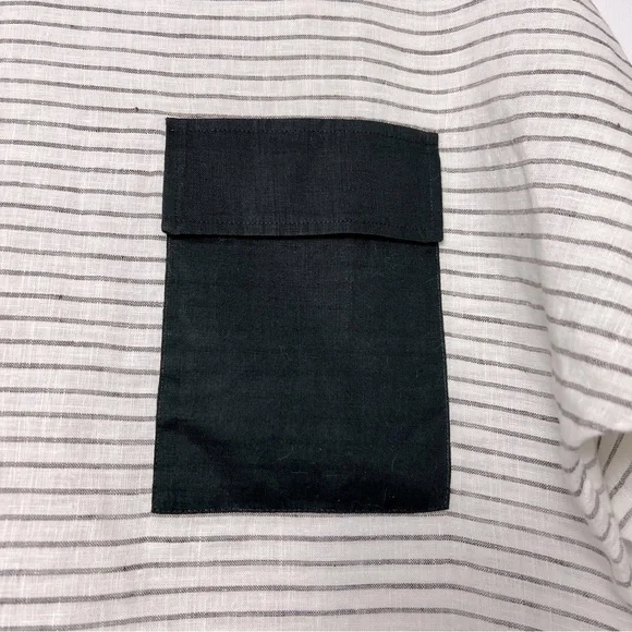 thesalting 100% Linen Striped White and Black Flap Pocket Minimalist Modern Top - Picture 6 of 13